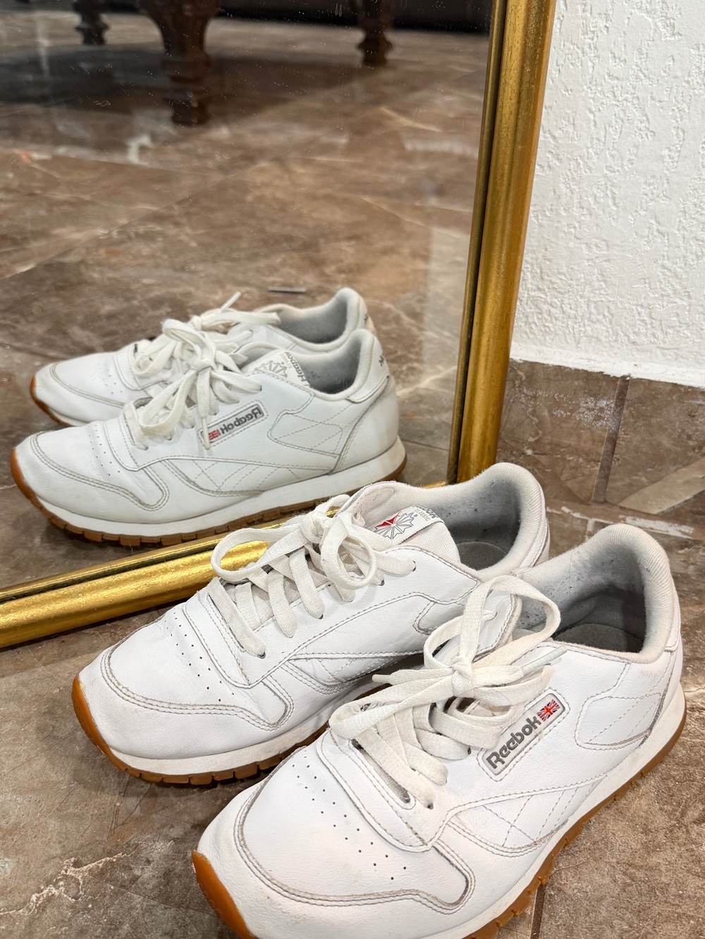 Reebok Woman White and Gum-Trim Classic Sneakers